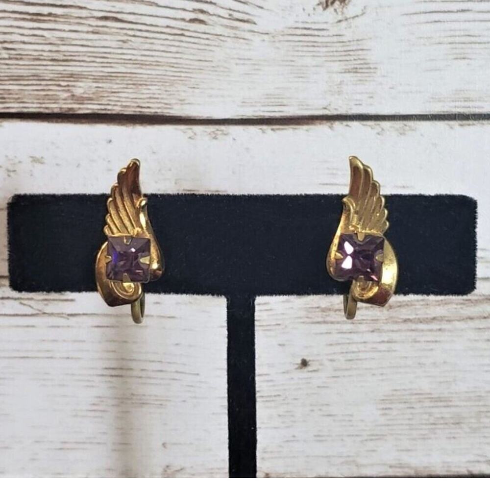 Vintage Screw On Earrings - Dark Gold Tone Feather with Square Purple Gem
